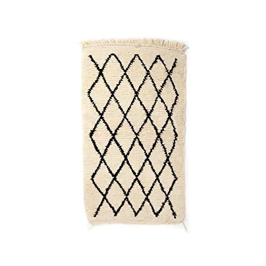 Poufs&Pillows Original Berber Beni Ourain dörrmatta matta – handvävd 100 % ull – 110 x 60 cm – krämfärgad och svart, marockansk matta, för klassisk, modern och modern interiör, orientalisk matta, handgjord