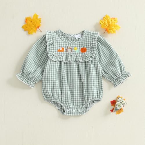 Baby Girl Thanksgiving Outfit - Turkey Embroidered Long Sleeve Plaid Bubble Romper - Cute Infant Girl Fall Clothes3