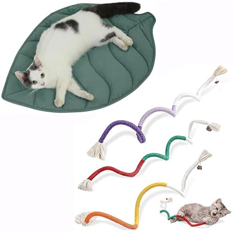 30 X 20 Inch Leaf Shaped Cotton Cat Bed Pad + 3 PCS Cotton Rope Cat Toys for Indoor Cats Cover