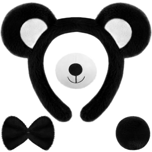 Harrycle Bear Ears Headband with Bowtie Nose Tail 4 Pcs,Black, White