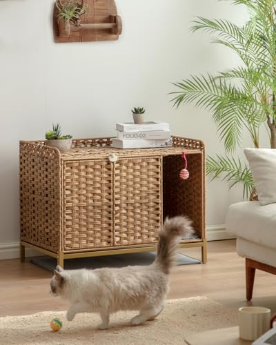 Image of SETVSON Cat Litter Box Enclosure Furniture with Divider, Handwoven Rattan Litter Box with Mat, 31.2 x 19.6 x 24.2 Inches, Metal Heightened Feet, Hidden Cat House for Living Room, Bedroom (Natural) | Handwoven PE Rattan with Soft Litter Mat, 3.54-In Heightened Metal Feet, 2 S-Hooks, 31.2 x 19.6 x 24.2 In Spacious