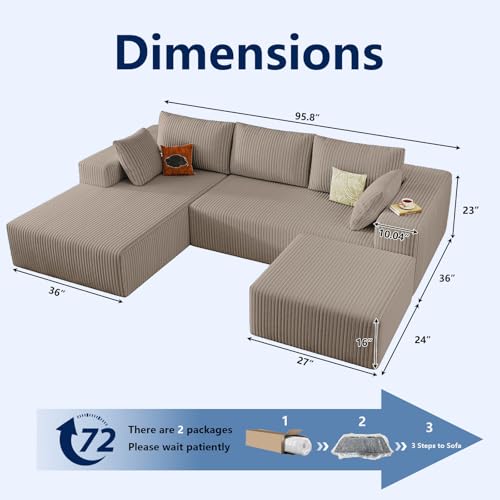 Image of 96 inch Modular Sectional Sofa with Ottoman, Modern Corduroy Cloud Couch with Deep Seat, Boneless Couch Upholstered 3-Seater U-Shaped Sofa for Living Room, No Assembly (Camel,Left-Facing Chaise)