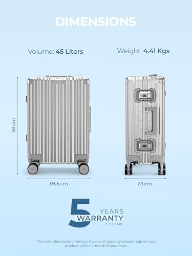 Image of EUME 100% Aluminium Cabin Trolley Bag Small for Travelling 50cm| Durable High-End 8 Silentrun 360 Degree Spinner Wheels | Premium Trolley Bag Small for Travel (Silver with Grey Wheels)