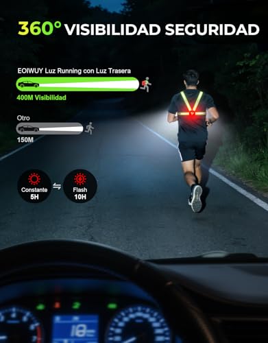 EOIWUY 800LM Ultra Brillante Luz Running con Luz Trasera, Luz para Correr de Noche, 7+2 Modos & 45° Haz Ajustable & 360° Reflectante, Chaleco Reflectante IPX4 Impermeable para Paseo/Trotar, 4-25H Uso - imagen 3