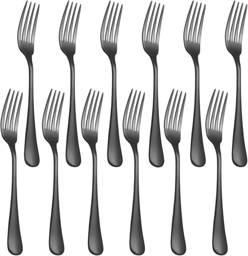 XXZWSJSH 12-Piece Black Dinner Forks Forks Silverware (8 inches) Food Grade Stainless Steel Flatware Fork Mirror Polished & Dishwasher Safe Using for Home Restaurant or Kitchen Black