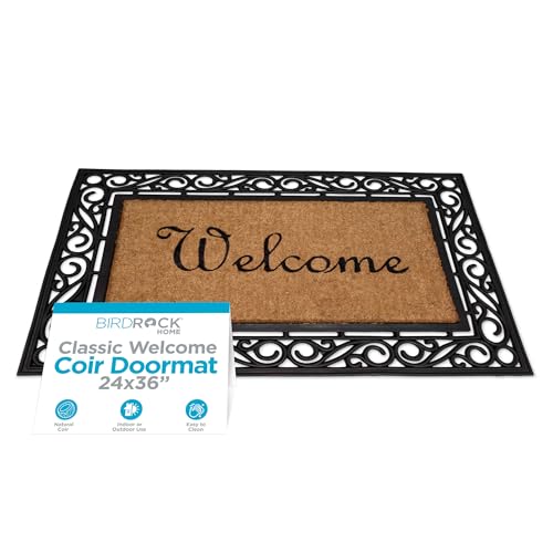 BirdRock Home - Classic Welcome Brush Coir Doormat - Vinyl Backed, Waterproof, Dirt Trapper, Heavy Duty - Indoor/Outdoor Entry, Porch, Garage, Scroll Border, Mud Catching, House Mats - Elegant Design