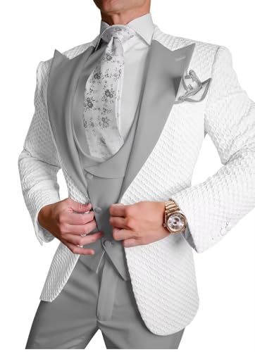 HUUTOE Mens Double Breasted Suit White Honeycomb Suit Wedding 3 Piece Slim Fit-White Blazer Vest Dress Pants Set for Men