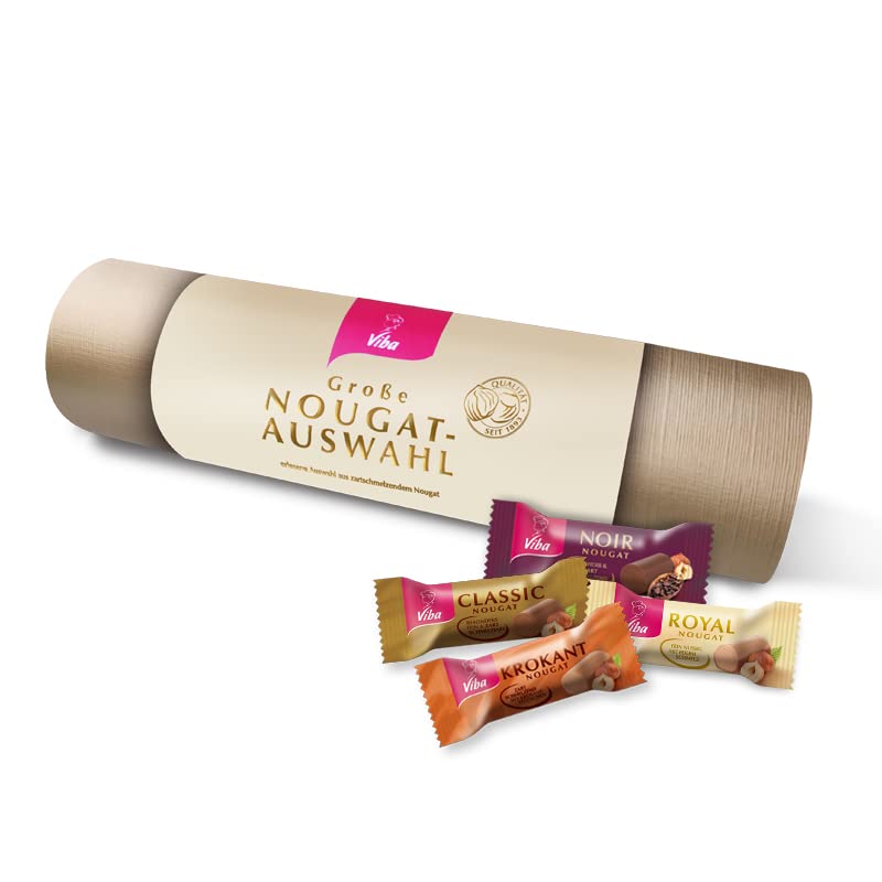 Viba Große Nougat-Auswahl 400 g – Rollenpräsent mit 40 Nougatminis – Geschenkbox mit Classic, Royal, Krokant & Noir Nougat