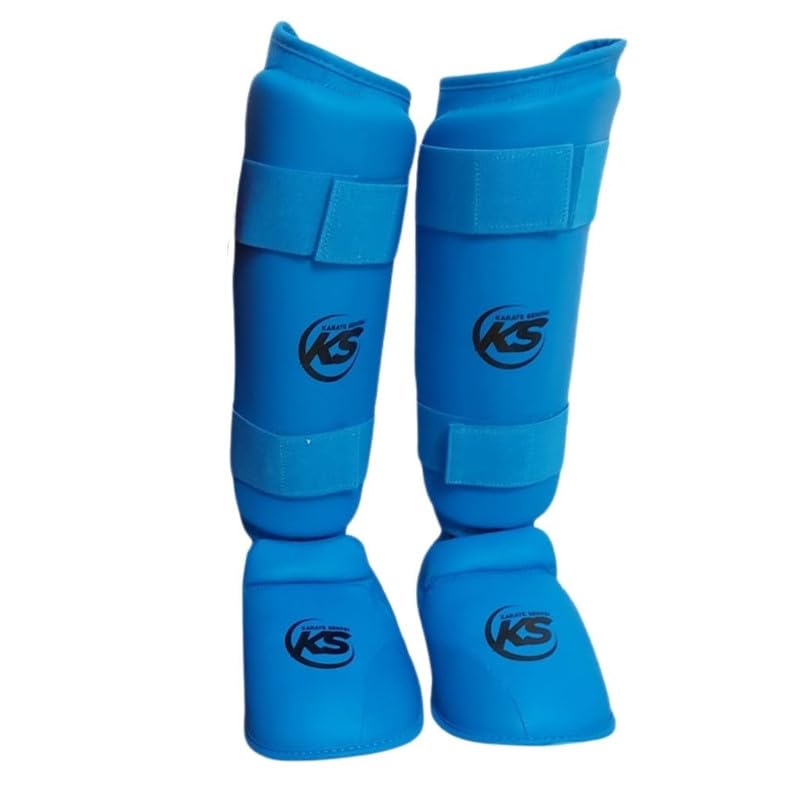 Karate Senpai | Protezioni Karate per Tibia e Piedi con piedi removibili, forma ergonomica, chiusura anti-sdrucciolo, doppie cuciture (Blu, L)
