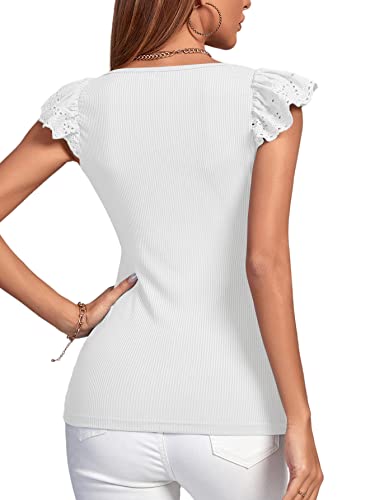 Lyaner Women's Ribbed Knit Square Neck Sleeveless Tanks Top Ruffle Cap Sleeve Shirt Blouses White Small #TOP1