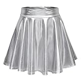 EXCHIC Mujeres Cosplay Metálica Brillante Líquida Acampanada Mini Falda(L, Plata)