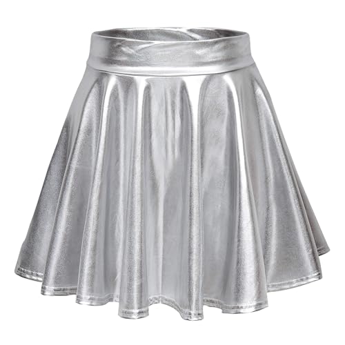 Damen Glänzend Höhe Taille Liquid Mini Rock Metallisch Elastische Taille A-Linien Pull On Skater Röcke (M Silber)