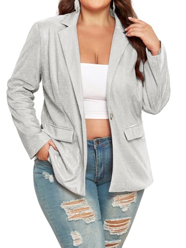 Theenkoln Womens Plus Size Blazer Sequin Collared Glitter Casual Open Front Button Down Disco Jacket Sliver