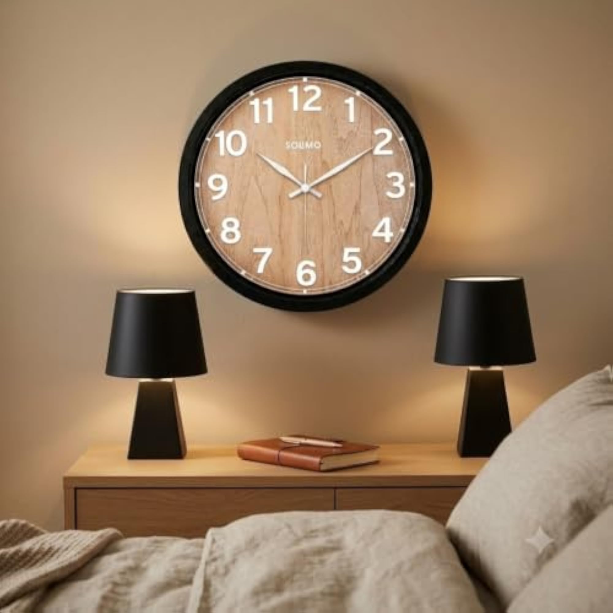 Wooden Texture Printed Analog Round Wall Clock for Home
