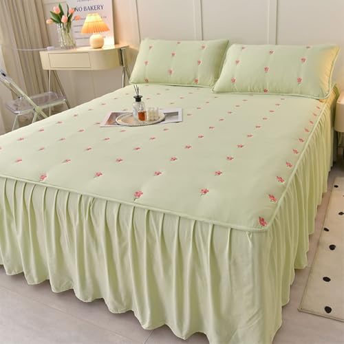 Homxi Sabana Bajera Ajustable,150 x 200 x 48 CM,Funda de Colchón Algodón Patrón de Flores Bordadas Sabana Bajera Cama Ajustable Verde Claro