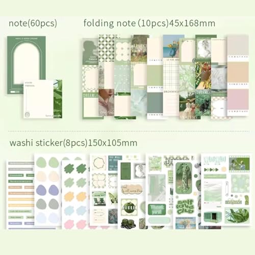 Image of VIBE VISTA Vintage Aesthetic Scrapbook Kit 346 Pcs A6 Grid Notebook Washi Envelopes Scrapbook Papers Folding Labels Background Papers Photo Frames Calendar Stickers (Poetry of Misty Island green)