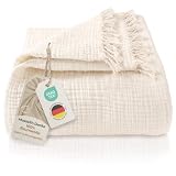 LAYNENBURG Premium Musselin Tagesdecke mit Fransen 150x200 cm – Oeko-TEX