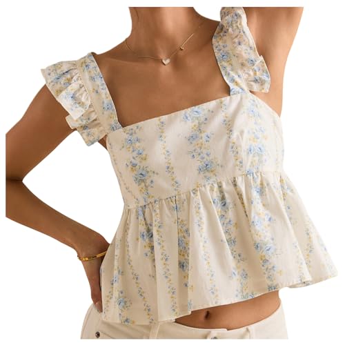 Women Babydoll Floral Tank Top Flower Print Ruffle Strap Sleeveless Peplum Shirt Flutter Sleeve Square Neck Cami Top