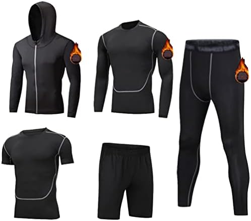 Baymate 5 Pcs Mens Running Gym Set, Fitness Workout Compression Underwear Set, Outwear+Base Layers Shirts+Loose Fitting Shorts+Compression Shirts+Compression Pants for Workout Training Running