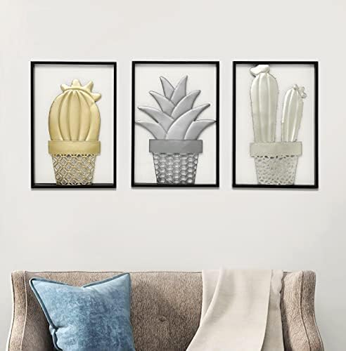 Haigopa 3 Pieces Cactus Pineapple Metal Wall Decor Plant Modern Art Abstract Sculptures Gold Black for Office Home Hanging Living Room Bedroom