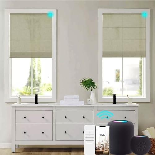 Changshade Smart Motorized Roman Shades with Remote Control Automatic Electric Power Blinds Light Filtering for Indoor Windows Custom Size Work with Alexa Google Home for Bedroom Bathroom,Linen Coffee