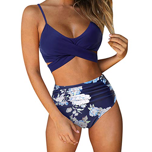 RUUHEE Women Criss Cross High Waisted String Floral Printed 2 Piece Bathing Suits (L(US Size 8-10), Navy Blue-2)