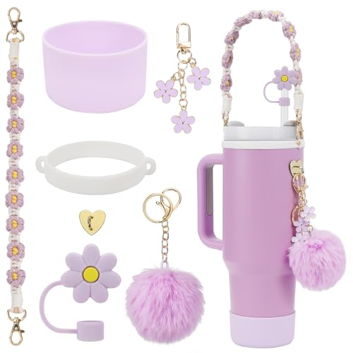 Stanley Cup Accessories Set Including 1 Pcs Water Bottle Handle Strap, 1 Pcs Siliocne Stanley Cup Boot, 1 Pcs Siliocne Straw Cover, 2 Pcs Stanley Charms for Stanley Cup 40oz & 30oz Tumbler (Purple)…