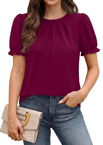 Maroon Tops for Women Spring Summer Short Sleeve Tops Business Casual Blouses for Women Curved Hem Ladies Tops and Blouses Work Shirts Fashoin Clothing M