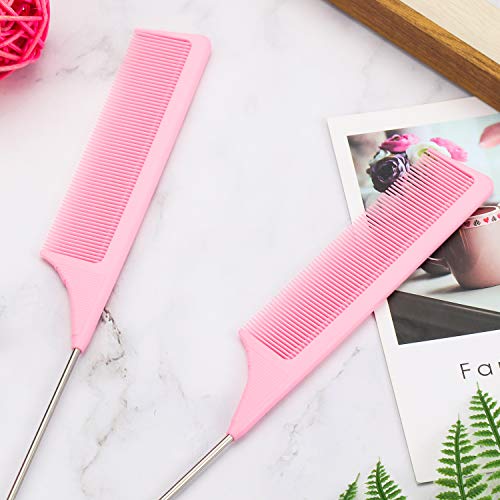3 Packs Rat Tail Comb Steel Pin Rat Tail Carbon Fiber Heat Resistant Teasing Combs With Stainless Steel Pintail (Pink) #TOP5