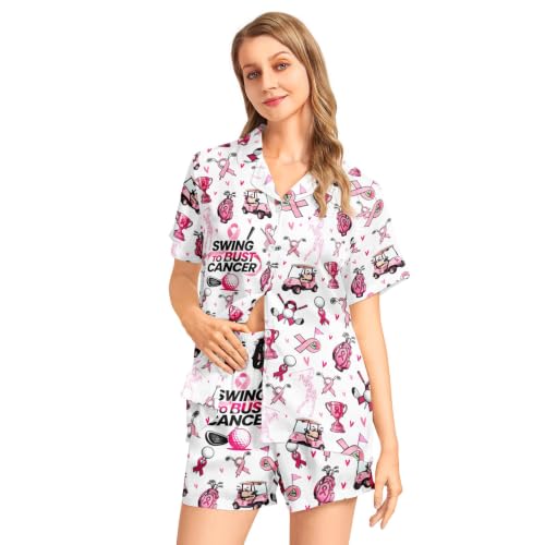 Image of Funny Satin Pajamas Set for Women Button Down Sleepwear Print Pjs Set 2 Piece Short Sleeve Loungewear Gift for Women