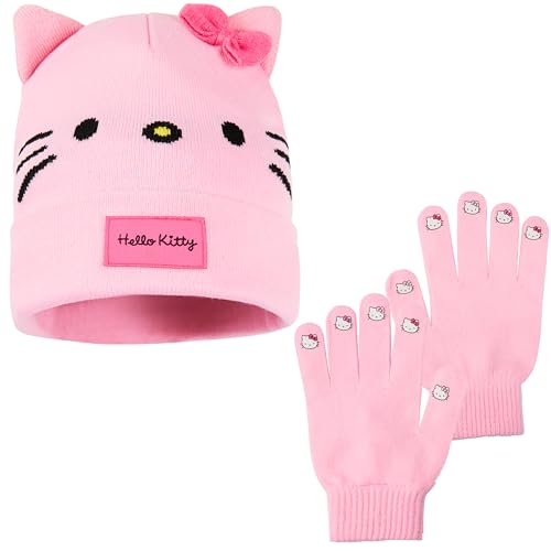 Image of Hello Kitty Sanrio Winter Accessories for Girls, One Size Warm Winter Gloves Beanie Hat & Scarf 2 or 3 Pcs Set, Girls Gifts (Pink Hello Kitty 2 Pcs)