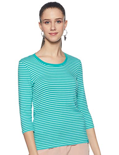 Image of Jockey 1360 Women's Super Combed Cotton Elastane Stretch Slim Fit Striped Round Neck Three Quarter Sleeve T-Shirt