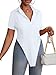 LYANER Women's Collar V Neck Button Front Short Sleeve Slit Hem Long Shirt Blouse Top Solid White Large
