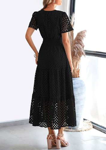 PRETTYGARDEN Womens 2026 Summer Maxi Dress Short Sleeve V Neck Hollow Out Eyelet A Line Long Flowy Beach Vacation Dresses (Black,X-Small) — view 2