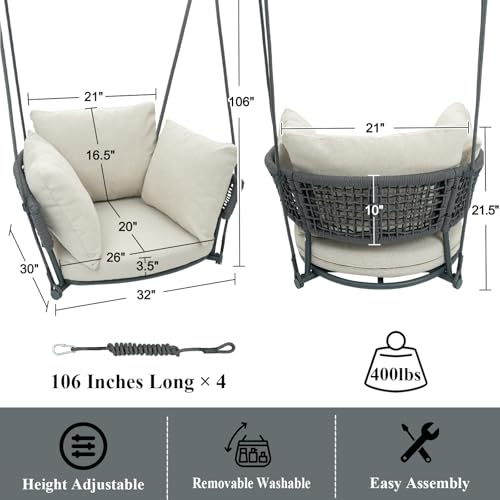Image of Single Porch Swings Chair with Cushions, Hanging Rope Swing, Hanging Chair for Bedroom, Hammock Chairs Swing Indoor & Outdoor, Macrame Hanging Swinging, Patio, Balcony, Beige