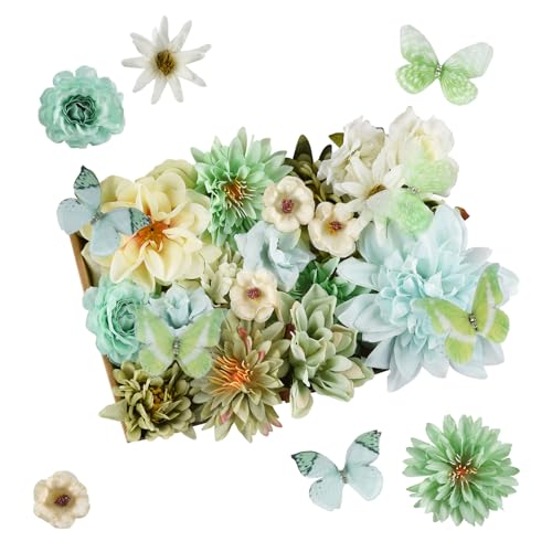 Joyblossom 36 Stück Kunstblumen Blumenköpfe, Kunstblumen zum Basteln, Seidenblumen klein, mit Schmetterling, Mini Deko Blumen für Hochzeit, Brautstrauß, DIY Crafts, Tisch, Party, Home Deko, Grün