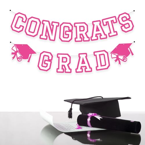 Image of Congrats Grad Banner Graduation Party Banner Decoration Hanging Garland High School College Backdrop Supplies HotPink