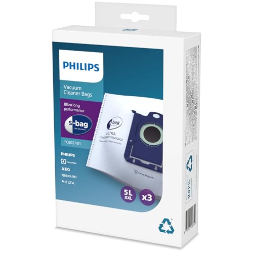 Philips FC8027/01 Pack 3 sacs aspirateur S-bag ultra-long performance Durée prolongée de 80% Compatibles Philips, Electrolux, Tornado