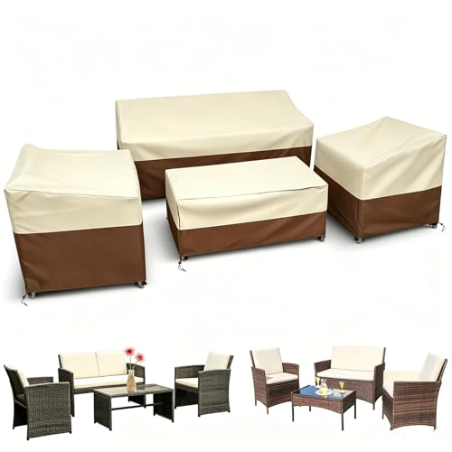 Image of STARTWO Outdoor Furniture Cover Waterproof, 600D Heavy Duty, 4 Piece Patio Furniture Set Cover for Outside Couch, Lawn Chairs, Coffee Table, Windproof with Buckle Strap, Beige