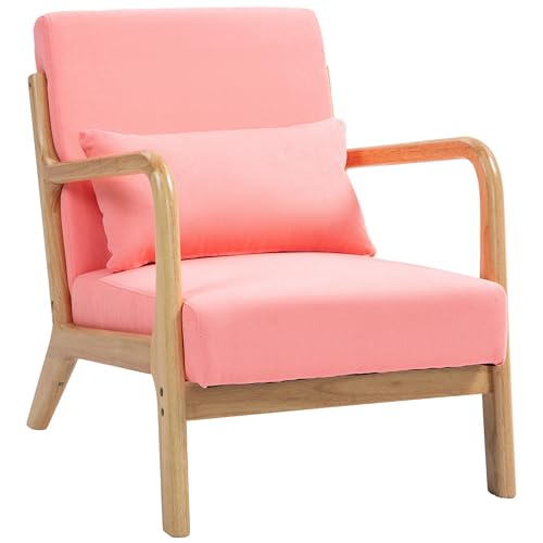 HOMCOM Butaca de Salón Butaca Nórdica Sillón de Salón con Reposabrazos Cojín y Marco de Madera de Caucho para Dormitorio Carga 120 kg 61x78x76 cm Rosa