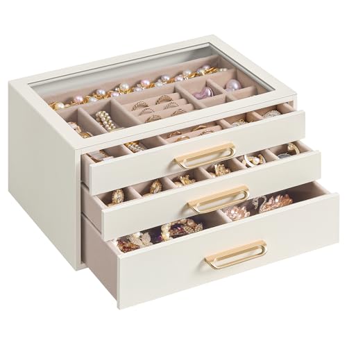 SONGMICS 3-Layer Jewelry Box with Glass Window Jewelry Storage Organizer with 3 Drawers Golden Handles for Rings Earrings Bracelets Gift Idea Cream White 6.3 x 9.4 x 4.9 Inches UJBC206WD02S