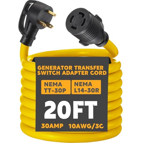 Kanayu 20 ft NEMA TT-30P to L14-30R Generator Transfer Switch Adapter Cord