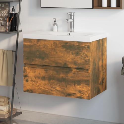 Owoxanthellate Armario para debajo del lavabo (madera de roble ahumado, 60 x 38,5 x 45 cm, con lavabo de cerámica, 18,5 cm de altura), diseño moderno, ahorra espacio, para pequeños baños de invitados