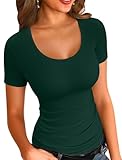 VICHYIE Summer Women's Scoop Neck Short Sleeve Shirts Ribbed Henley Tee Slim Fitted Casual Basic Tshirts Top Blouses Green L