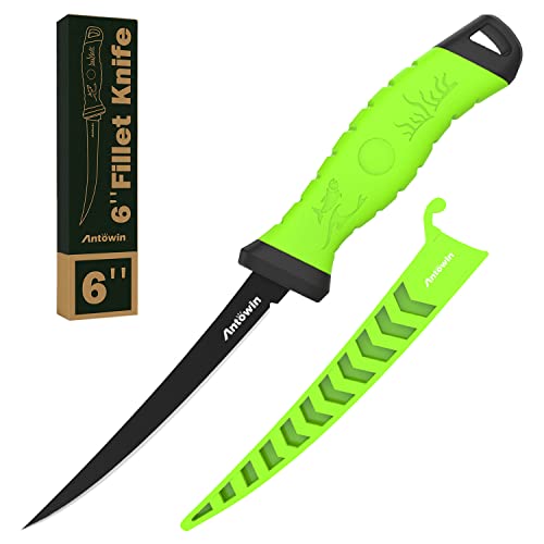 6 Inch Fishing Fillet Knife, Professional Level Knives for Filleting Fish and Boning Meat, Sharp Stainless-Steel Non-Stick Coating Blade, Non-Slip Handles, with Stage Knife Sharpener