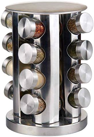 Spice Rack with 16 Glass Spice Jars Stainless Steel Revolving Free-Standing Herbs Spice Storage Organiser Seasoning Container by Molly Malou®