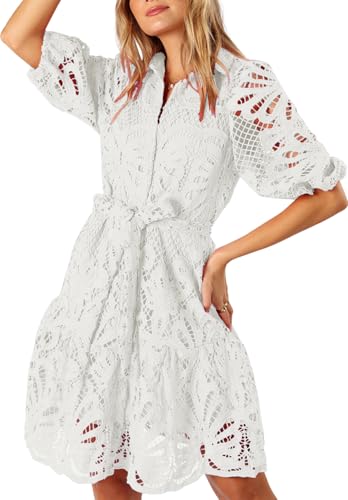 Image of Women's Summer Hollow Out Lace Mini Dress Lantern Sleeve Lapel Button Ruffle Casual Beach Party Dresses