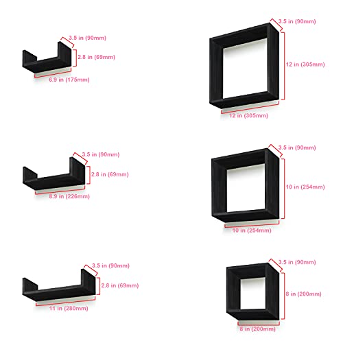 Rr Round Rich Design Floating Shelves Set Of 6 - Rustic Wood Wall Shelves With 3 Small U Shelve And 3 Square Boxes For Free Grouping Black #TOP2