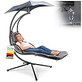 Huracan Schwebeliege mit Sonnendach, Hängematte mit Gestell, Sonnenschirm Hängeliege, Schaukelliege mit Kissen & Stabiler Standfuß, Relaxliege Hängesessel für Garten, Wohnzimmer, Balkon, Grau