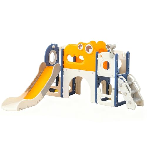 HOMKAI Kids Slide Set 9in1 Toddler Slide Playset Dinosaur Bus-Themed Includes Toy Telescope Tunnel Storage Basketball Hoop & Ball Extra Long Slides for Kids Indoor Outdoor Playground Yellow